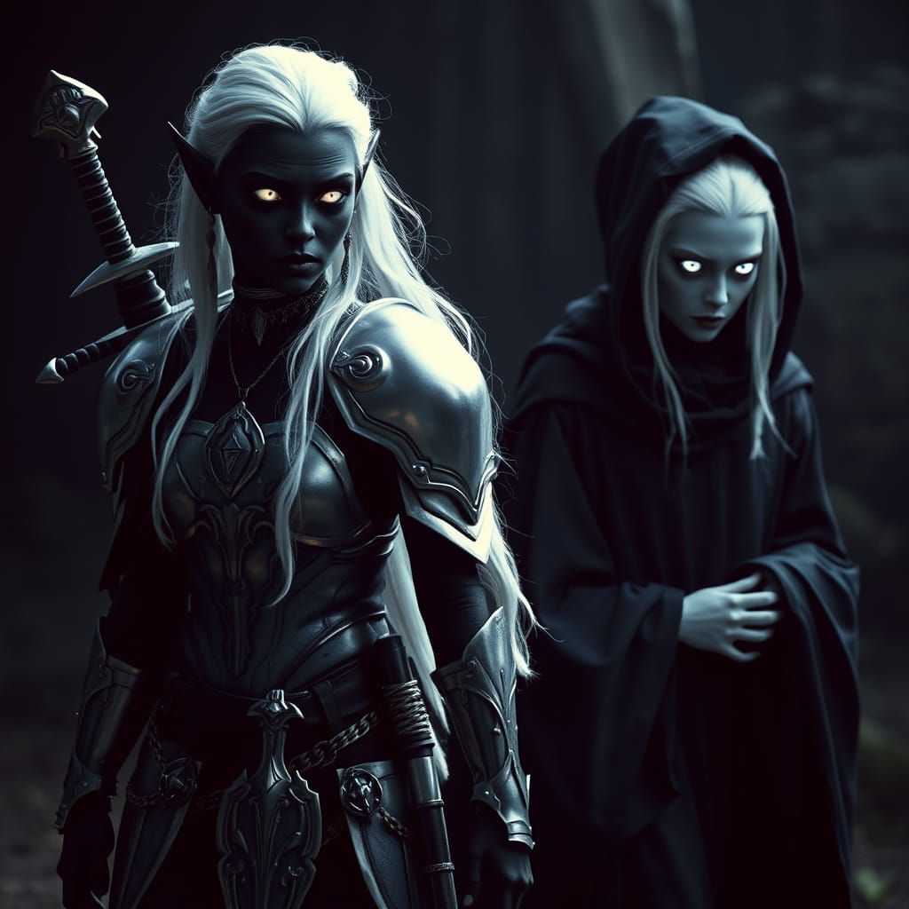 Drow Elf Sisters in Dimly Lit Hallway
