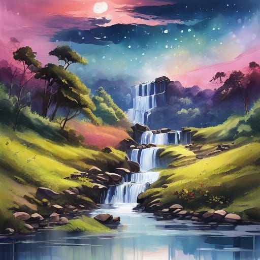 <lora:Sparkling watercolor:1.0> dreamy landscape with waterf...