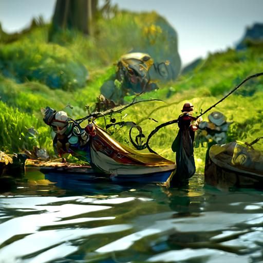 Fishing Scene in Art Nouveau Style