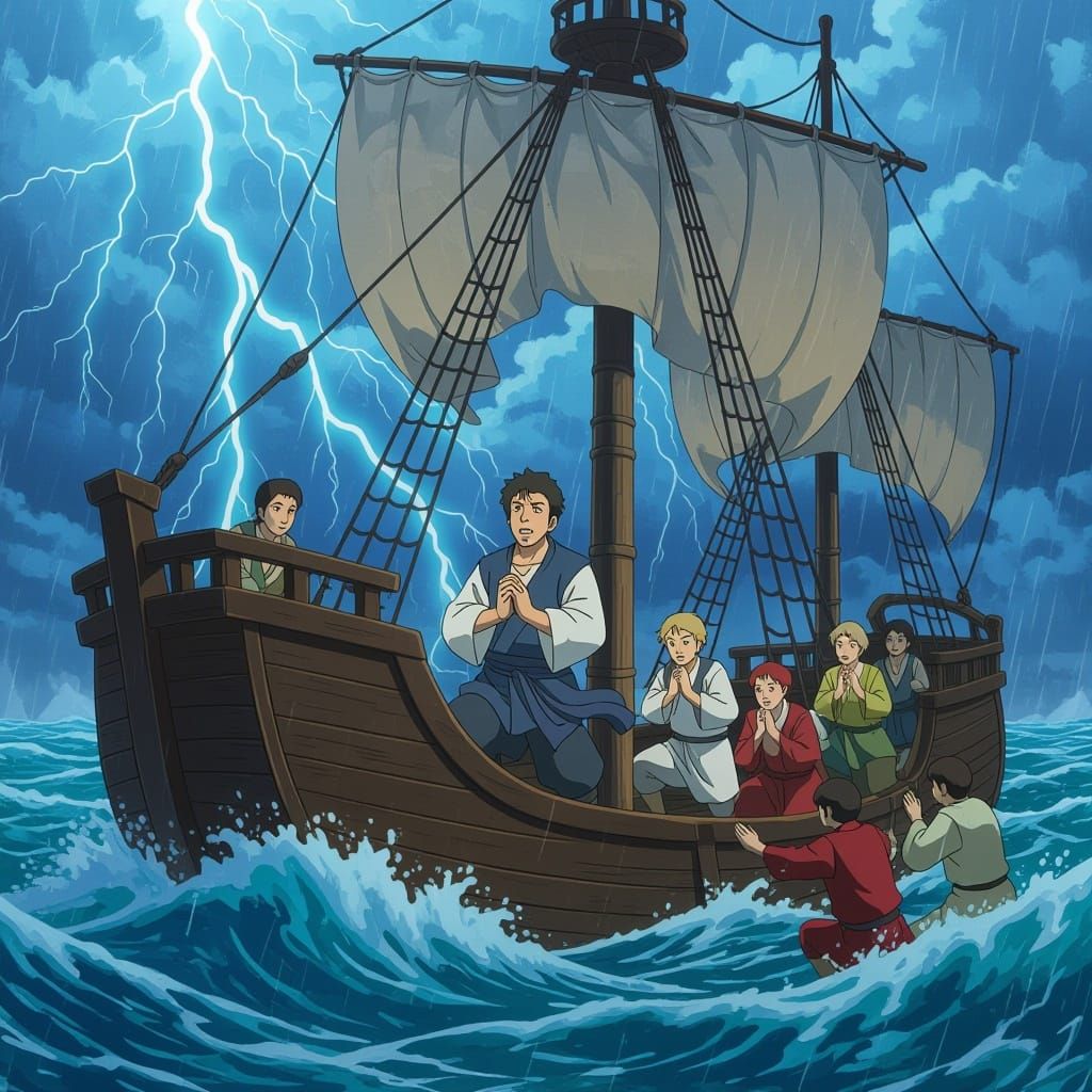 Jonah Prays Amidst Violent Storm at Sea Anime Style