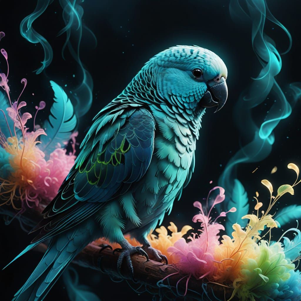 Bioluminescent Smoke Parakeet in Neon Noir Style
