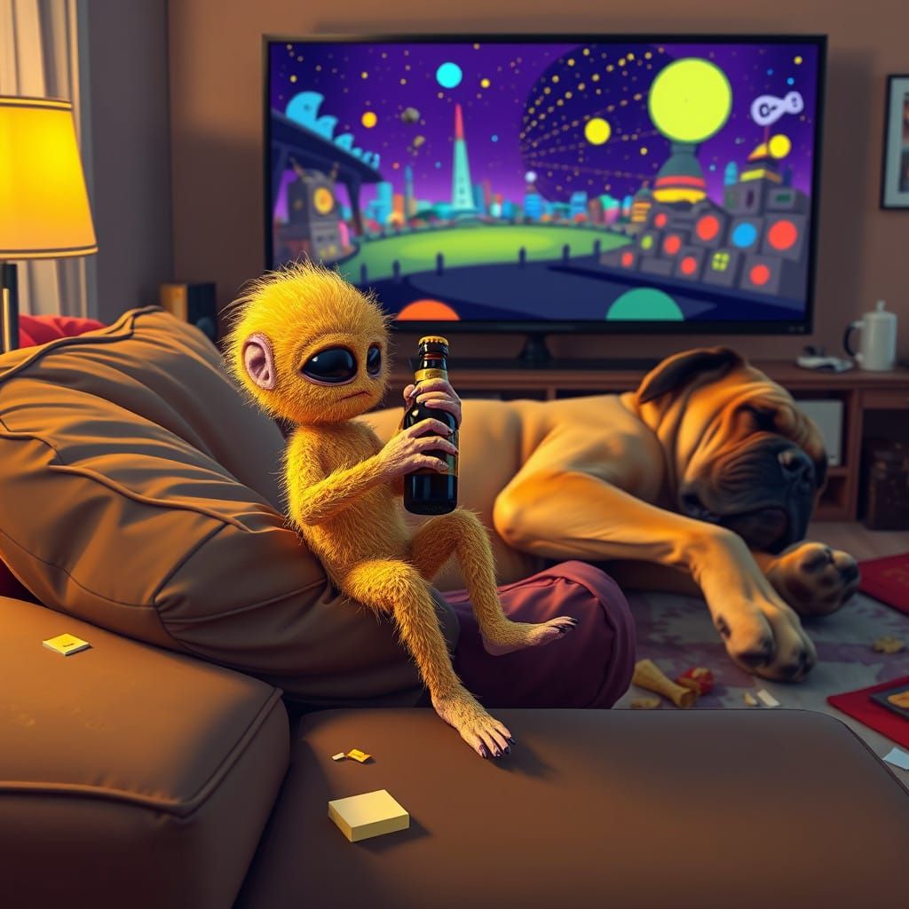 Ethereal Alien's Beer Bottle Struggle in a Retro-Futuristic...