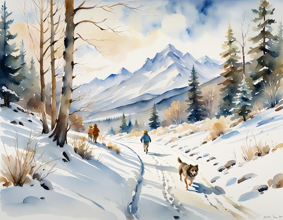 Winter Forest Scene: Watercolor Painting of Boy and Dog