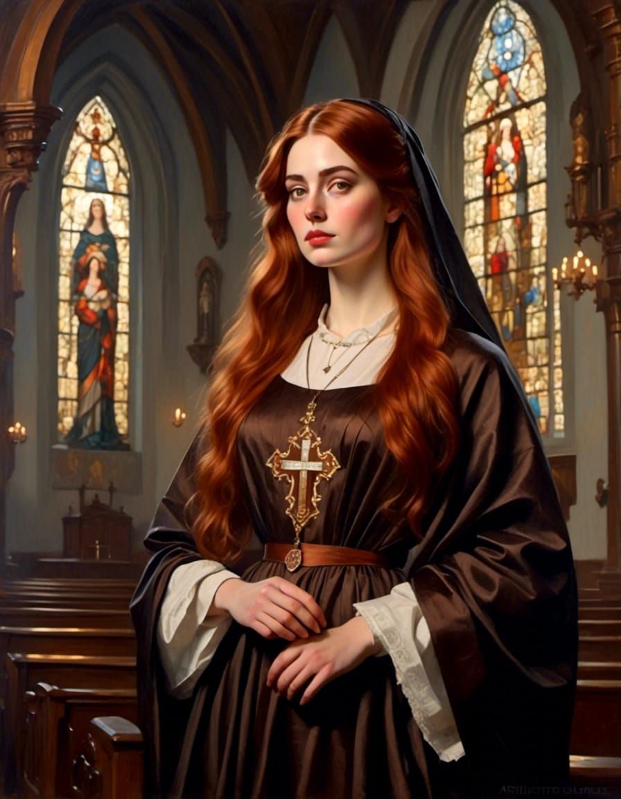 Victorian Woman in Chapel with Brown Scapular