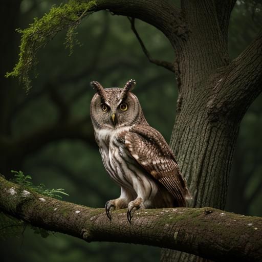 "A giant majestic forest owl sitting on the branch of a anci...