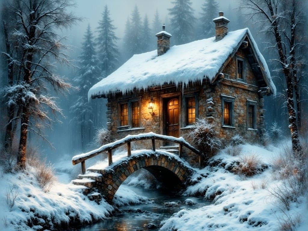 Cozy Winter Cabin in a Snowy Boreal Forest