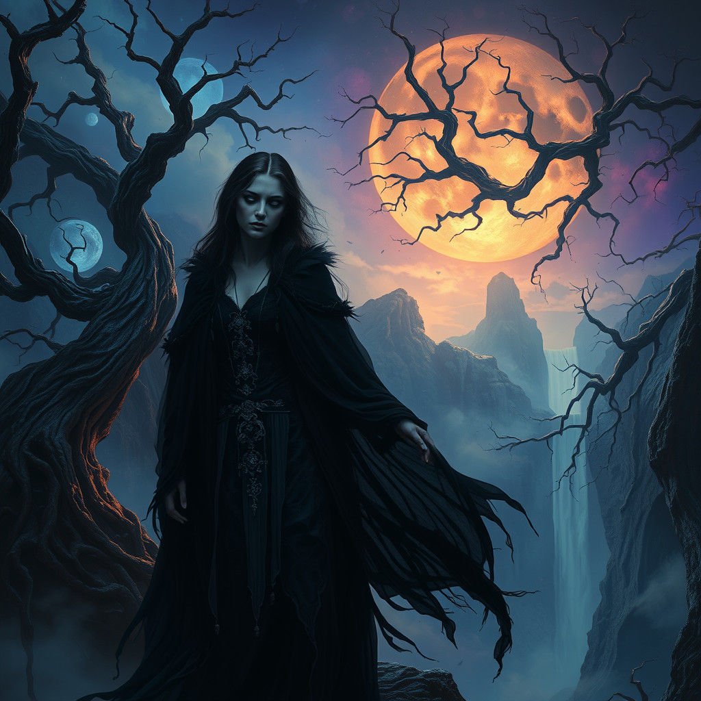 Introspective Woman at Dreamlike Abyss: Fantasy Concept Art