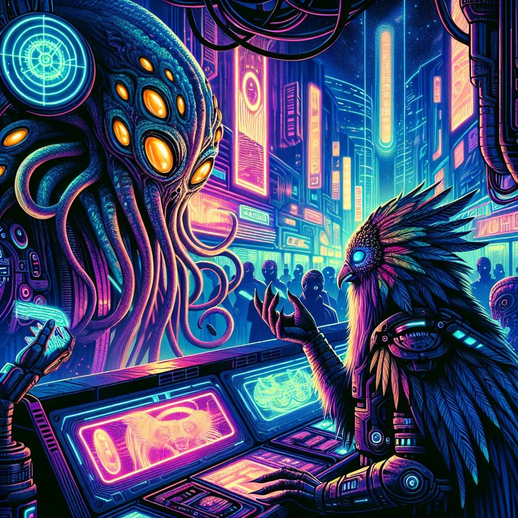 Cyberpunk Alien Marketplace Trade in Neon Glow