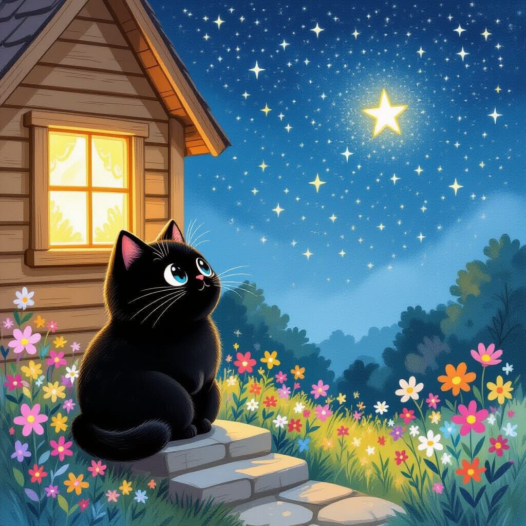 Kawaii Black Cat Gazes at Stars by Cozy House