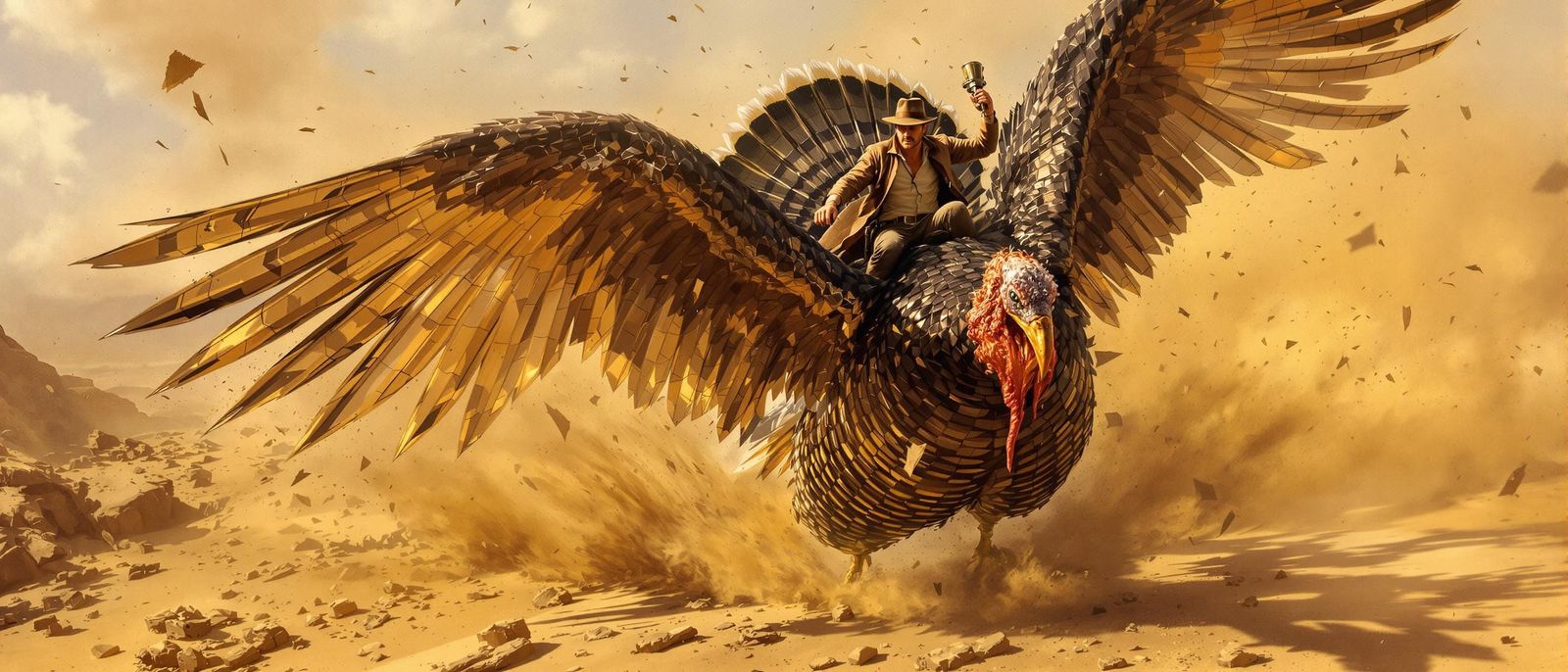 Indiana Jones Rides a Turkey in Pulp Art Style