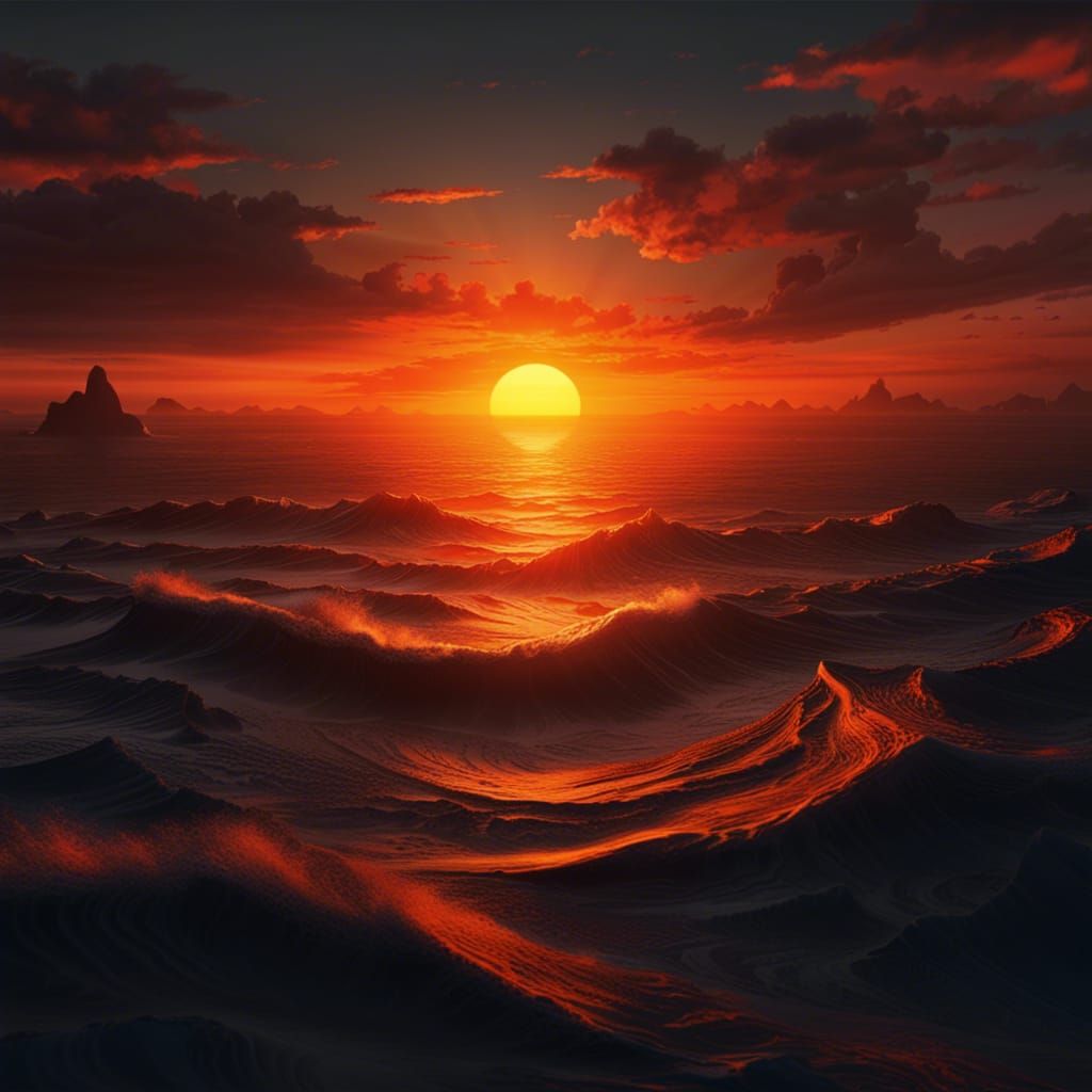 Orange Sunset Over Calm Ocean: Matte Painting