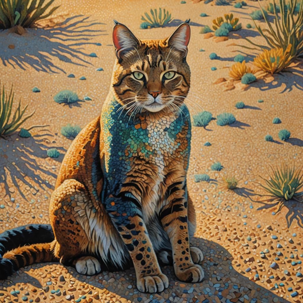 Desert Cat in Pointillist Style, Golden Hour