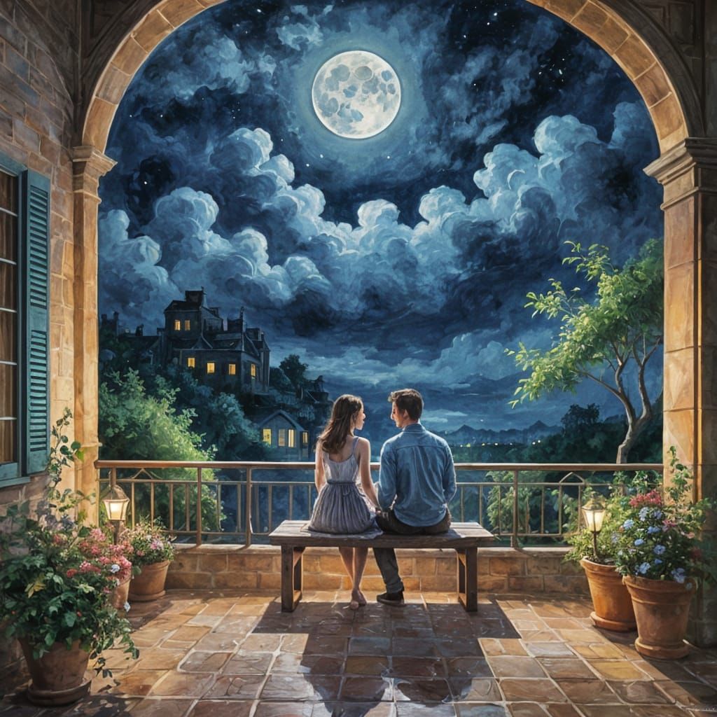Romantic Moonlit Night in Gouache Impressionist Masterpiece ...