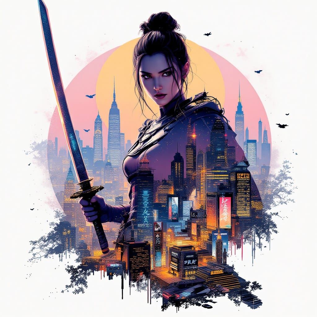 Samurai in Cyberpunk Cityscape Double Exposure