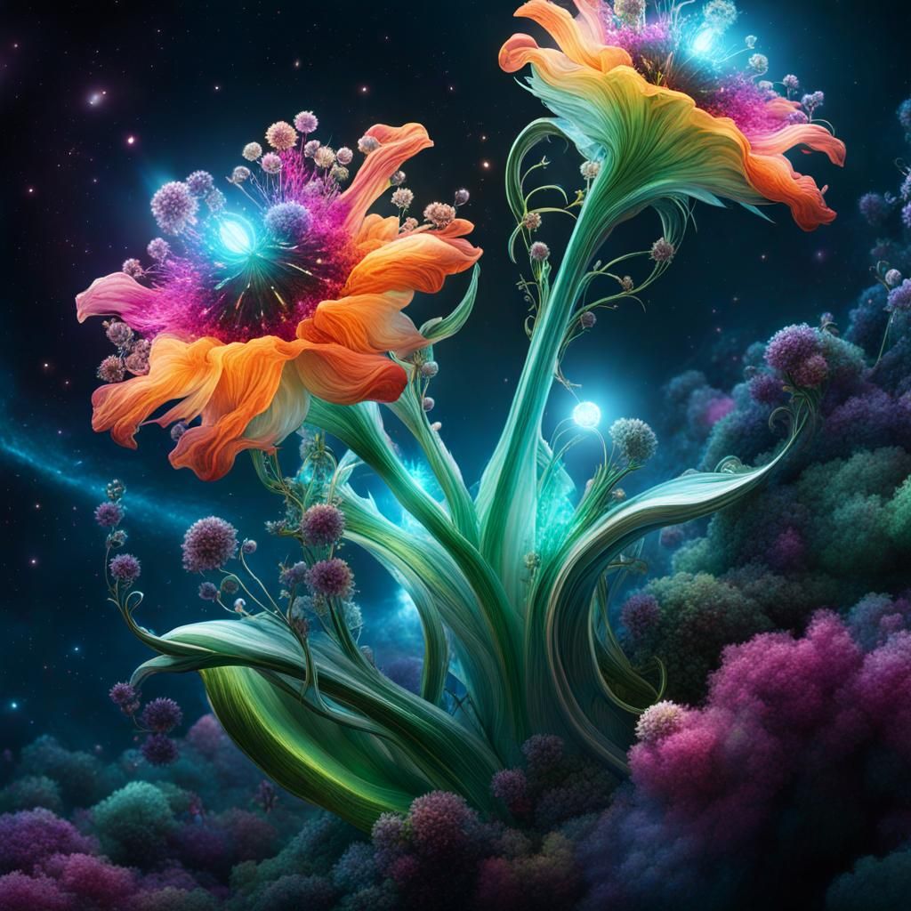 Bio-luminescent Crystal Nebula Flower in Lush Galaxy