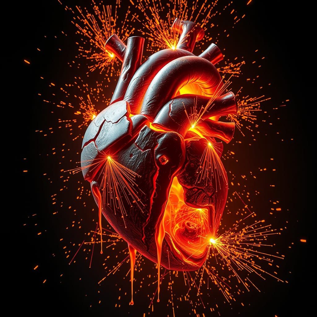 Dramatic Molten Metal Heart with Intense Sparks