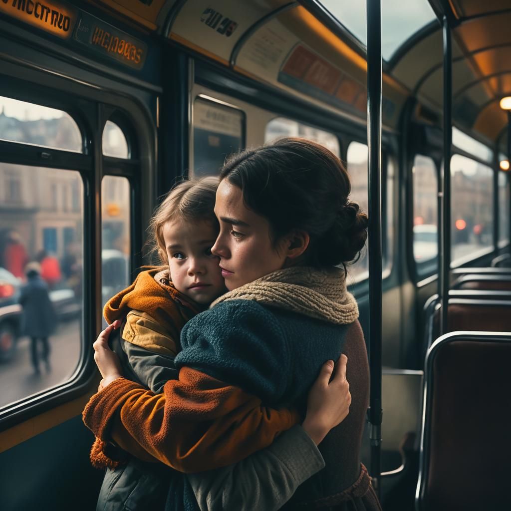 Woman and Child Embrace on Bus in Historic City