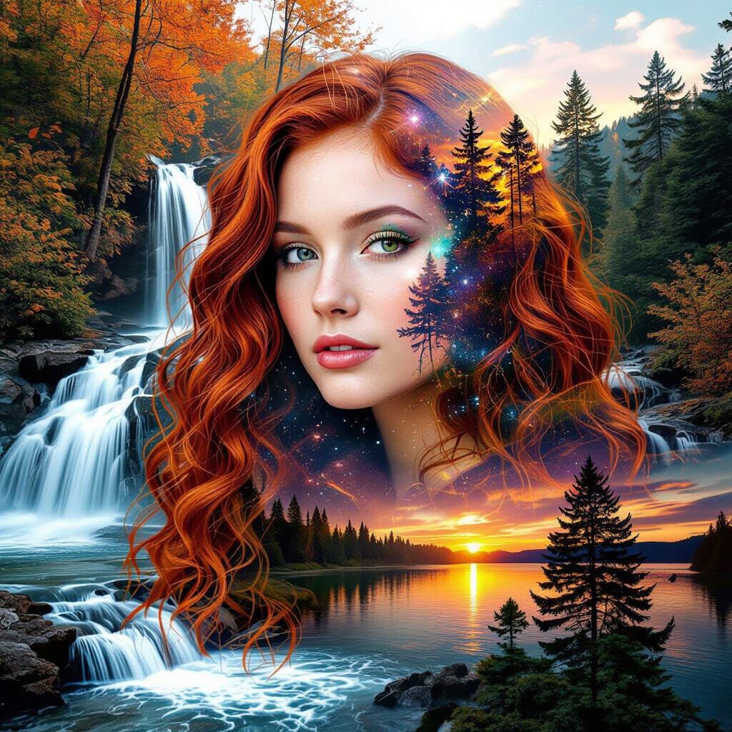 Woman with Red Hair and Autumn Forest Waterfall Galaxy