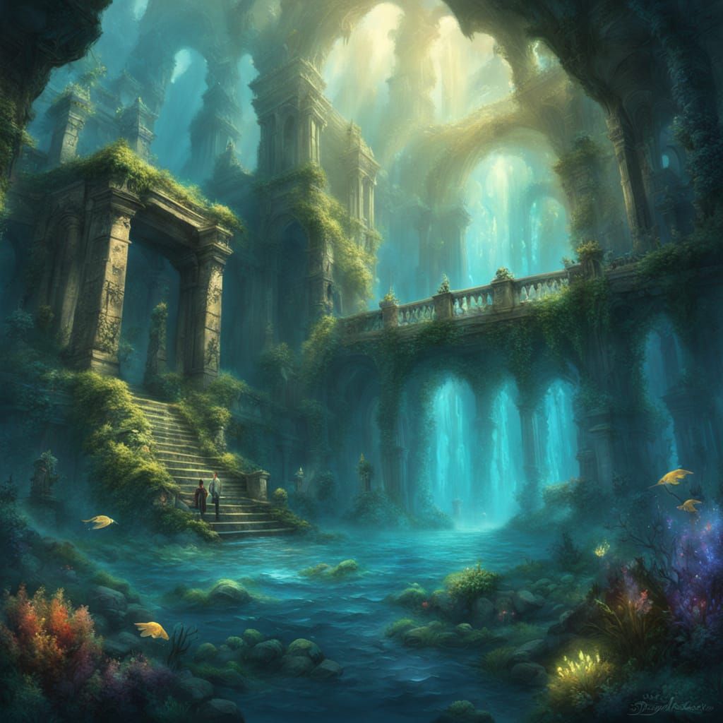 Merfolk in Lost Underwater City: Ethereal Matte Painting
