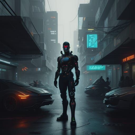 Cyberpunk Handyman in Dystopian Cityscape