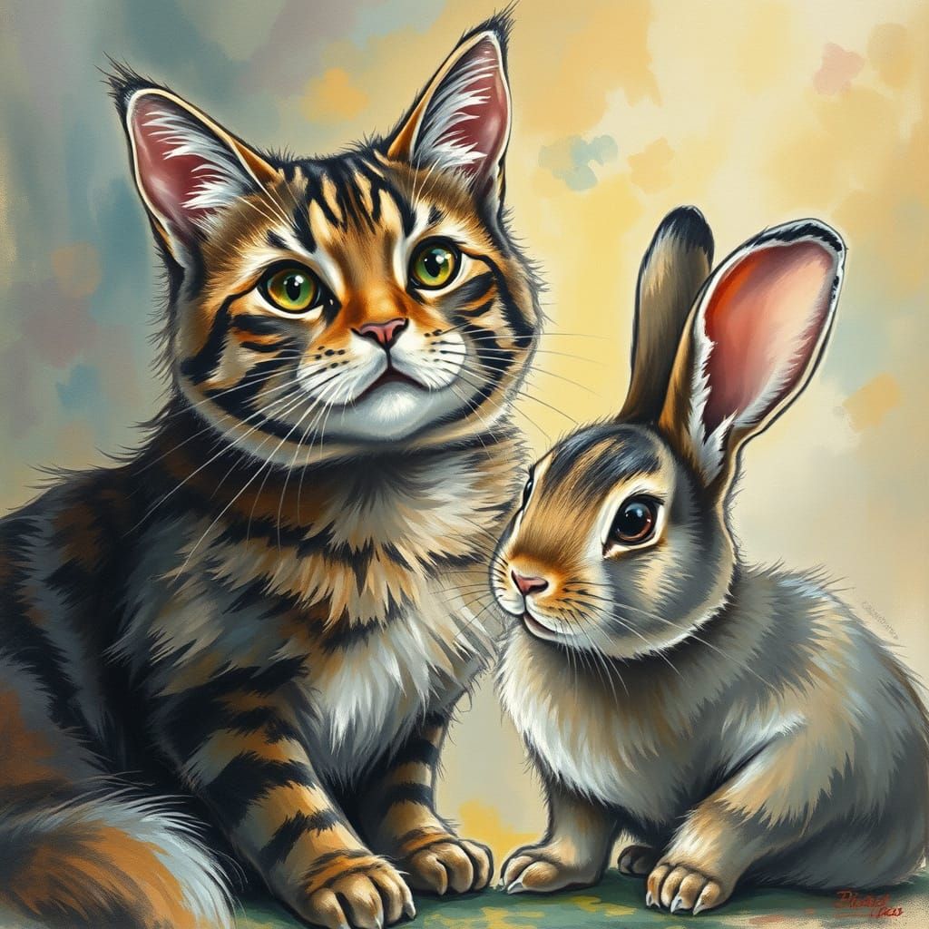 Cat and Rabbit Charcoal Drawing in Anime Style