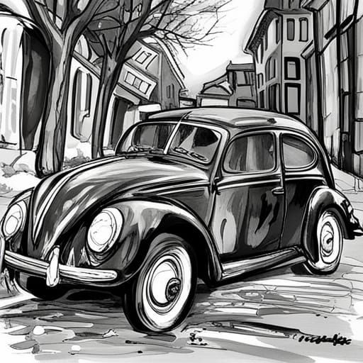 Vintage Volkswagen Coloring Page in Gouache Style