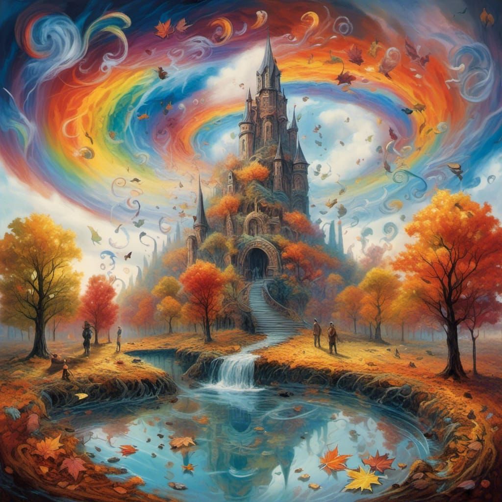 Colorful Non-Newtonian Fluid Lake with Autumn Leaves