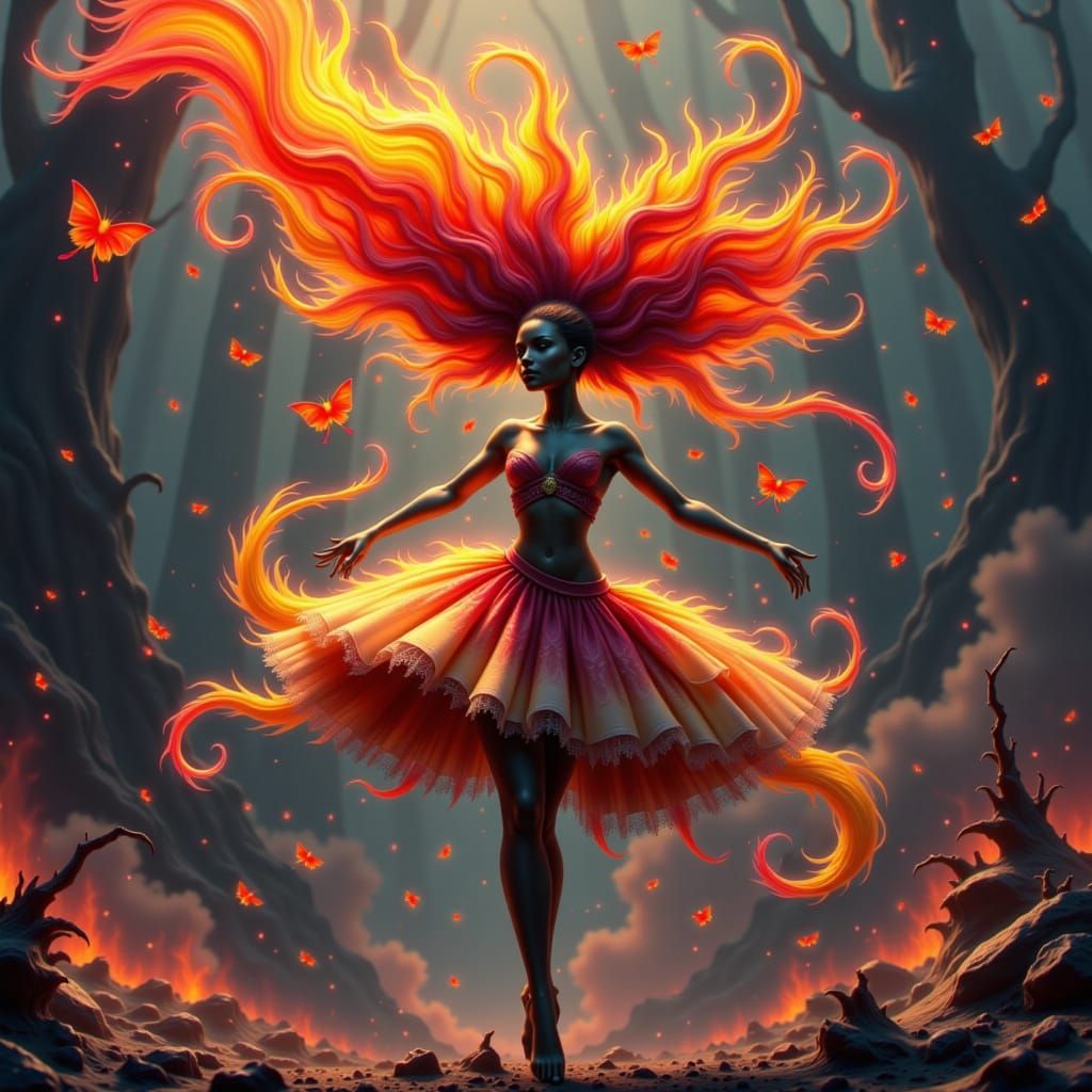 Fiery Sprite Mid-Pirouette in Anime Style