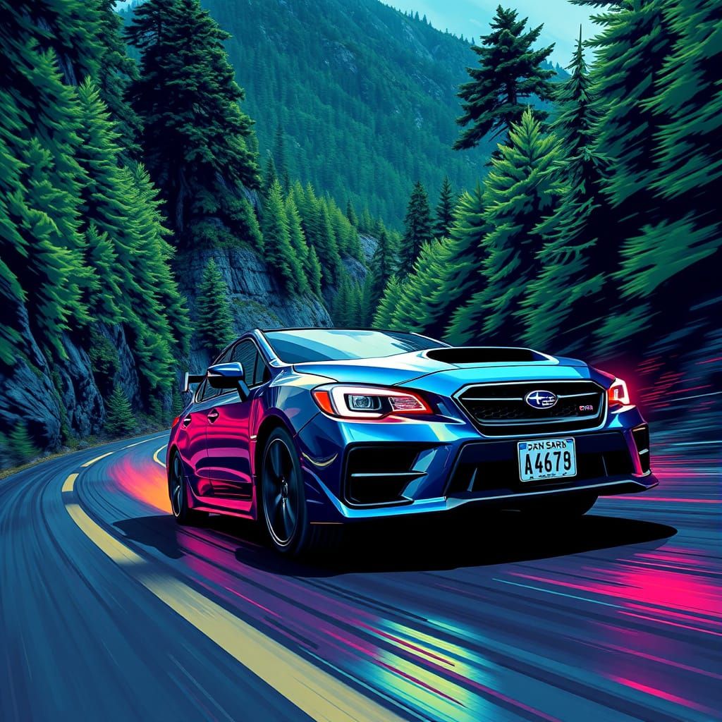 Subaru WRX on Mountain Road in Syd Mead Style
