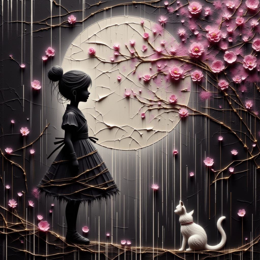 Silhouette of Girl, Cat, and Moon Under Cherry Blossoms