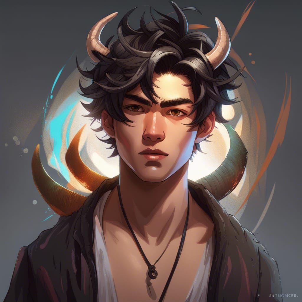 Detailed Portrait of Horned Man with White Highlights