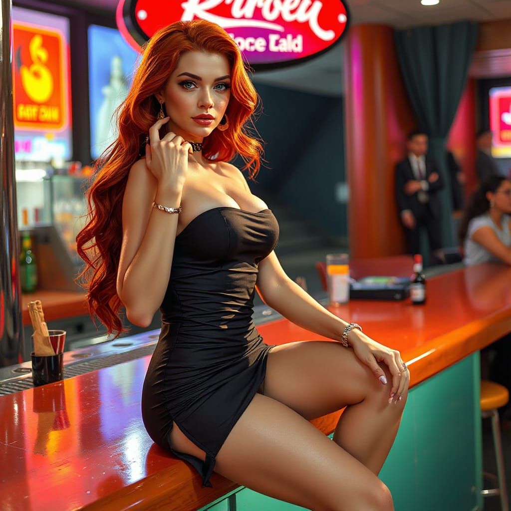 Redhead Beauty in Mini Dress, Hyperrealistic Splash Art