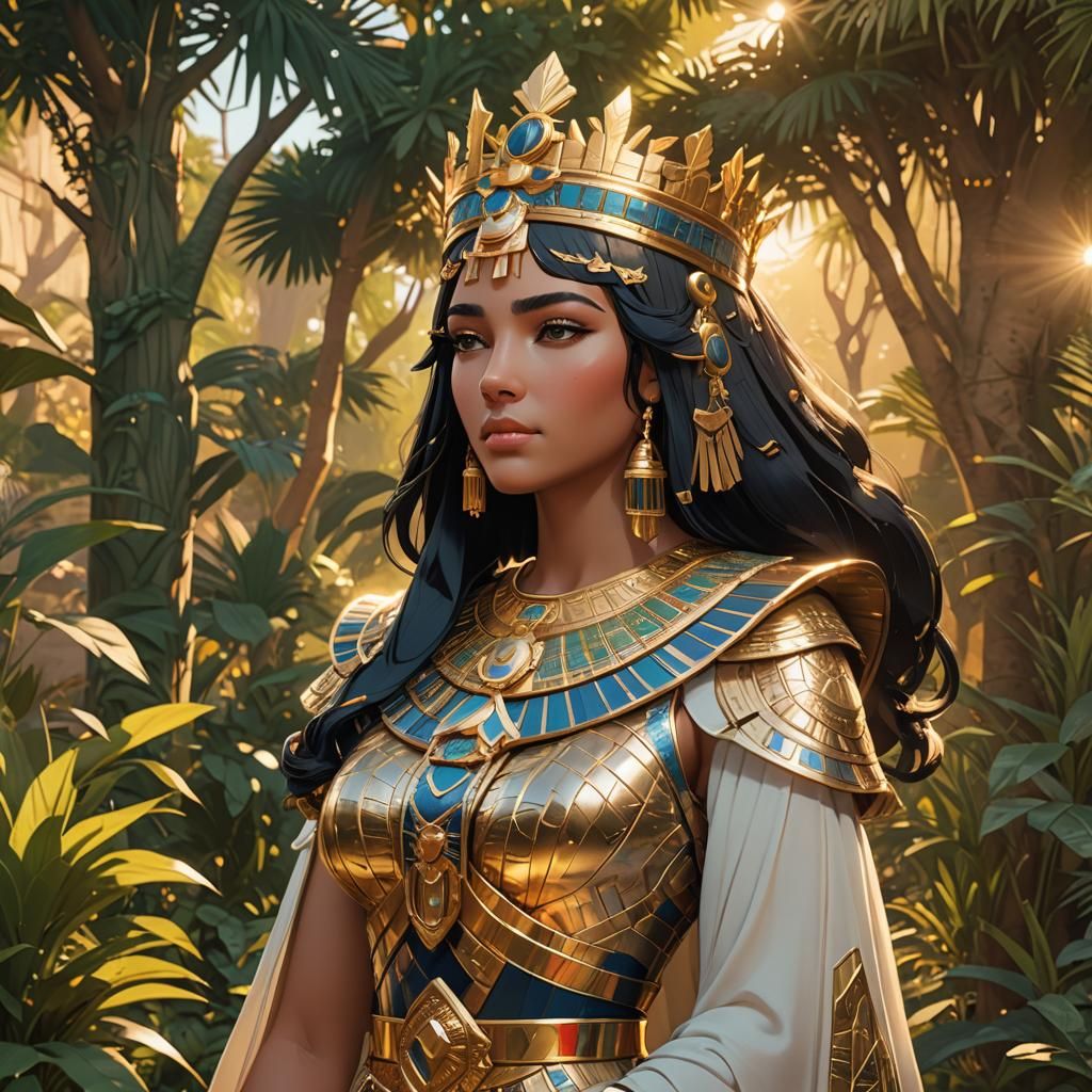 Queen Cleopatra in Royal Garden: Vibrant Anime Art