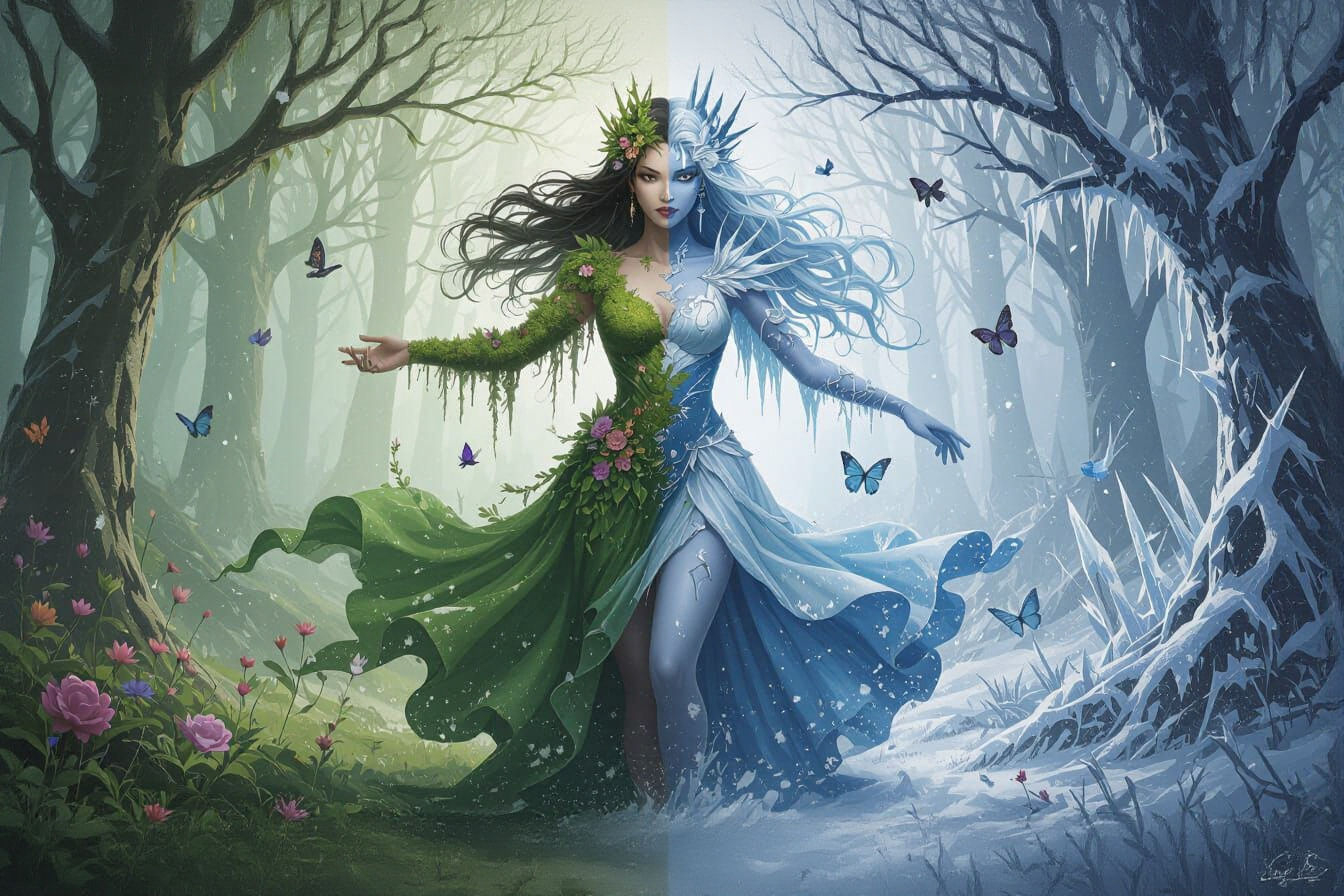 Goddess Portrait in Manhwa Style with Double Exposure