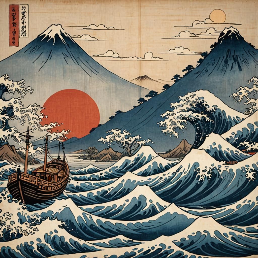 Japanese Boat with Mountain in Ukiyo-e Style
