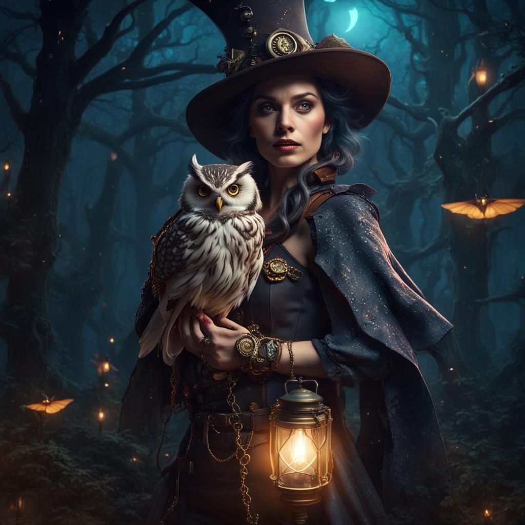 Steampunk Witch with Owl in Enchanted Forest
