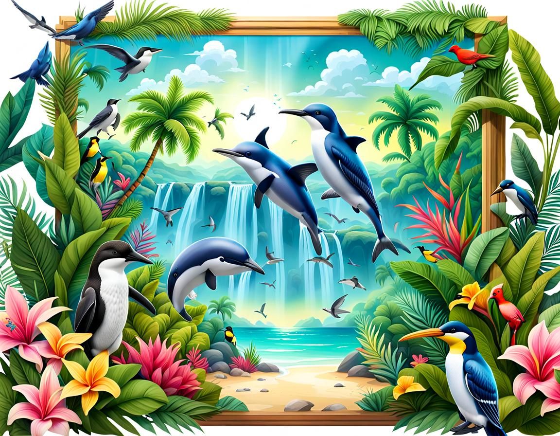 Tropical Island Fantasy with Anime Style Animals