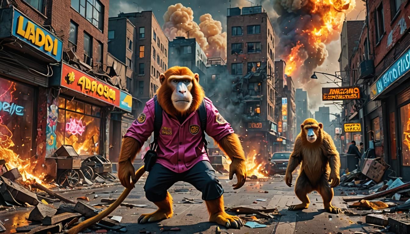 Proboscis Monkey and Beaver in Dystopian Cityscape