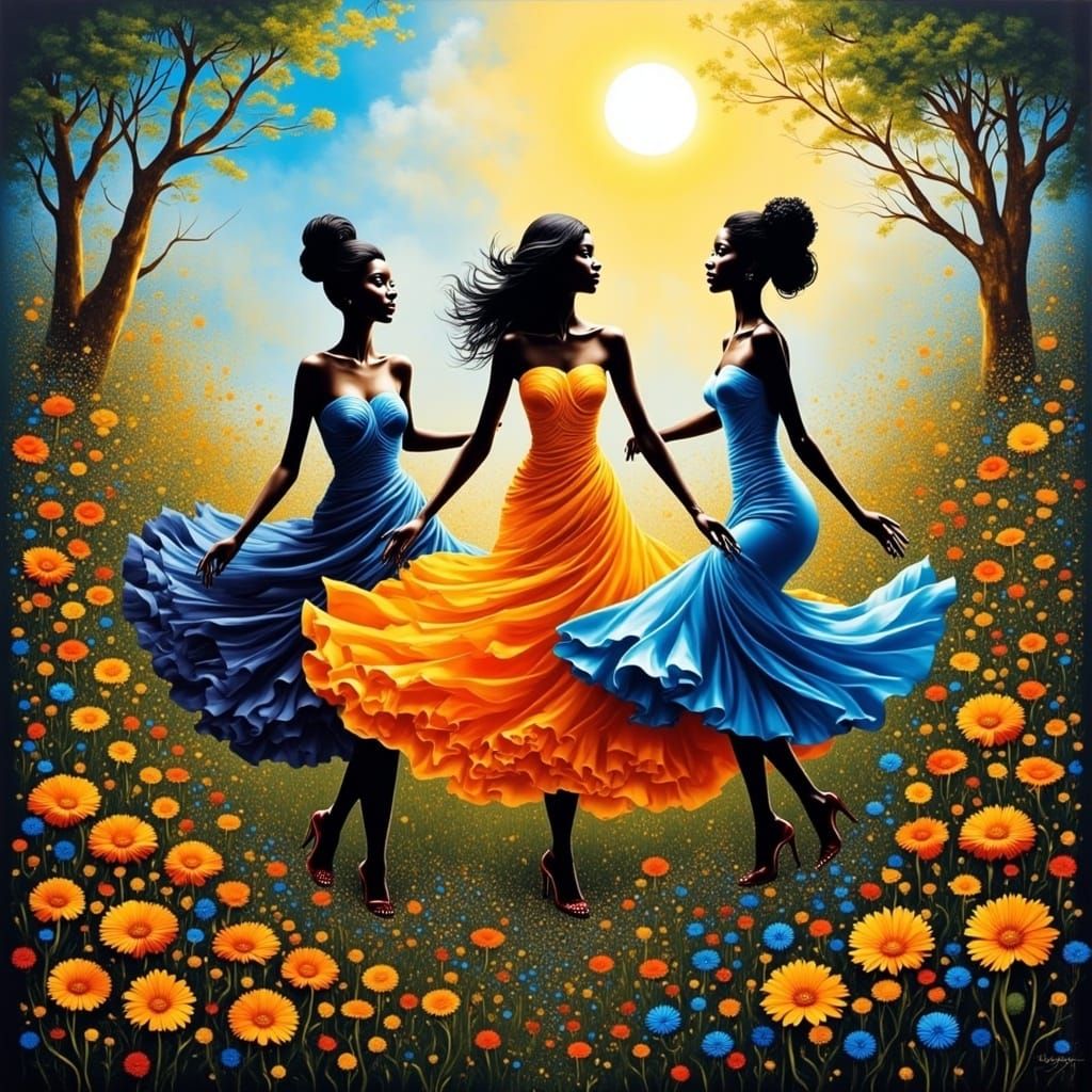 Joyful Female Spirits Dance in Vibrant Wildflower Garden
