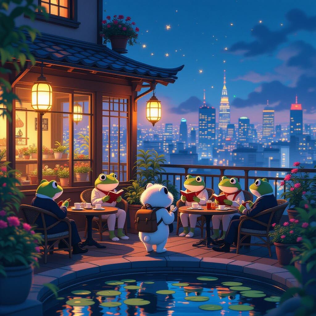 Rooftop Frog Cafe in Magical Urban Setting