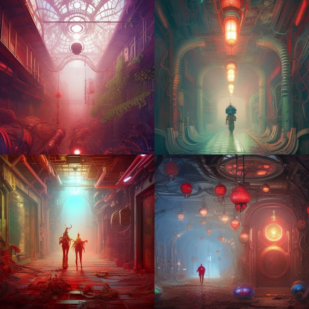 Steampunk Alien Hallway with Neon Lighting