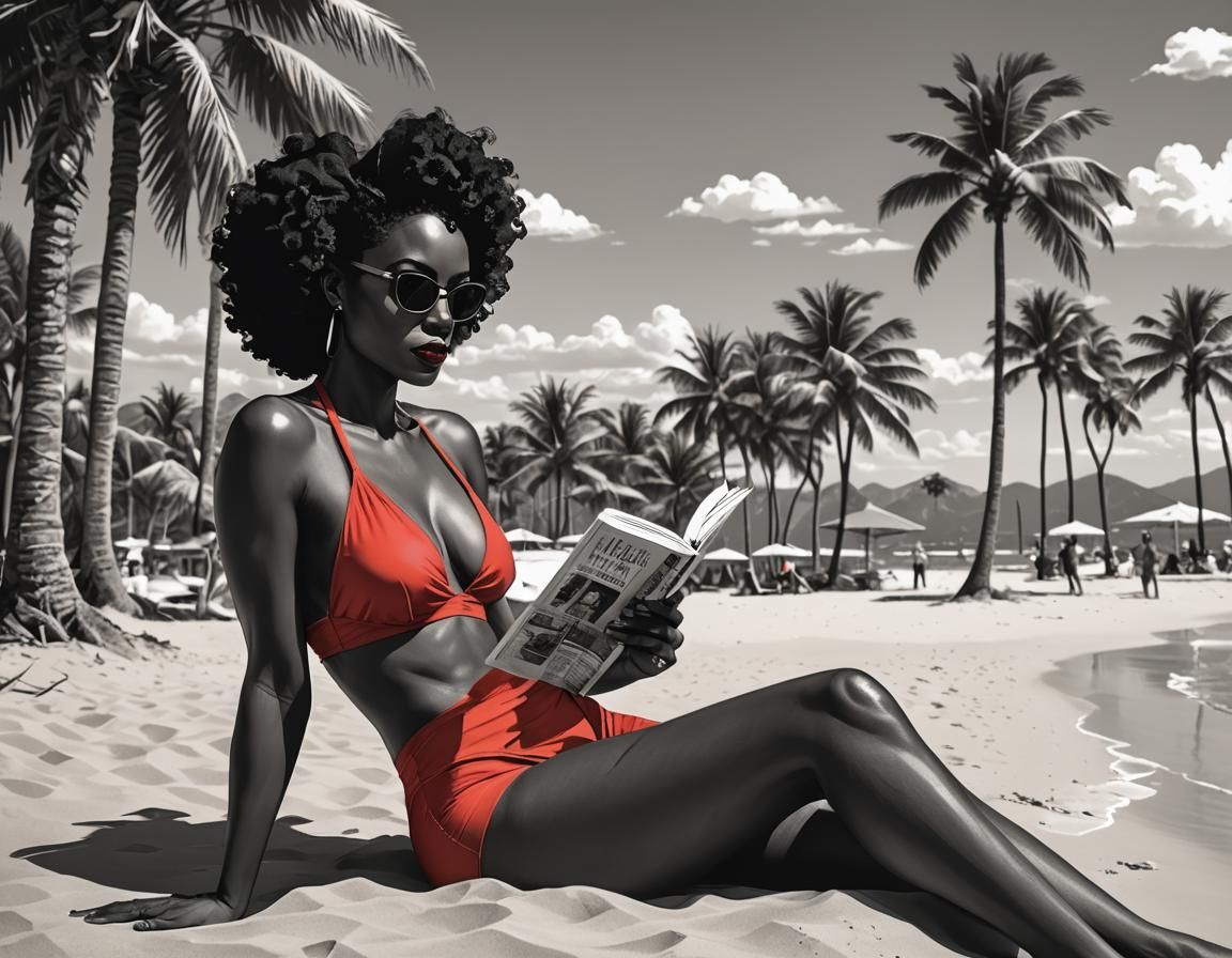 Noir Comic: Woman Reading on Tropical Beach