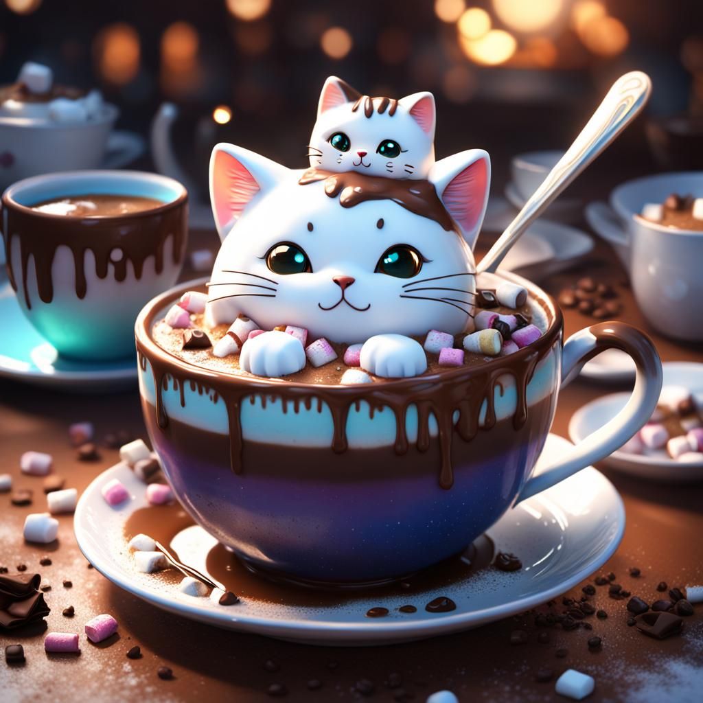 Marshmallow cat in hot chocolate.