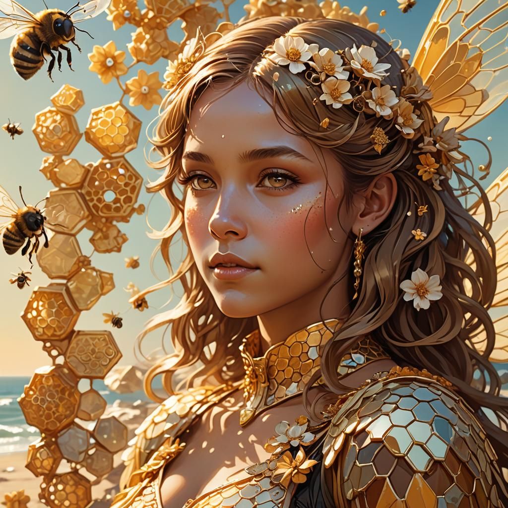 Winged Bee Girl Eating Honeycomb, Art Nouveau Style