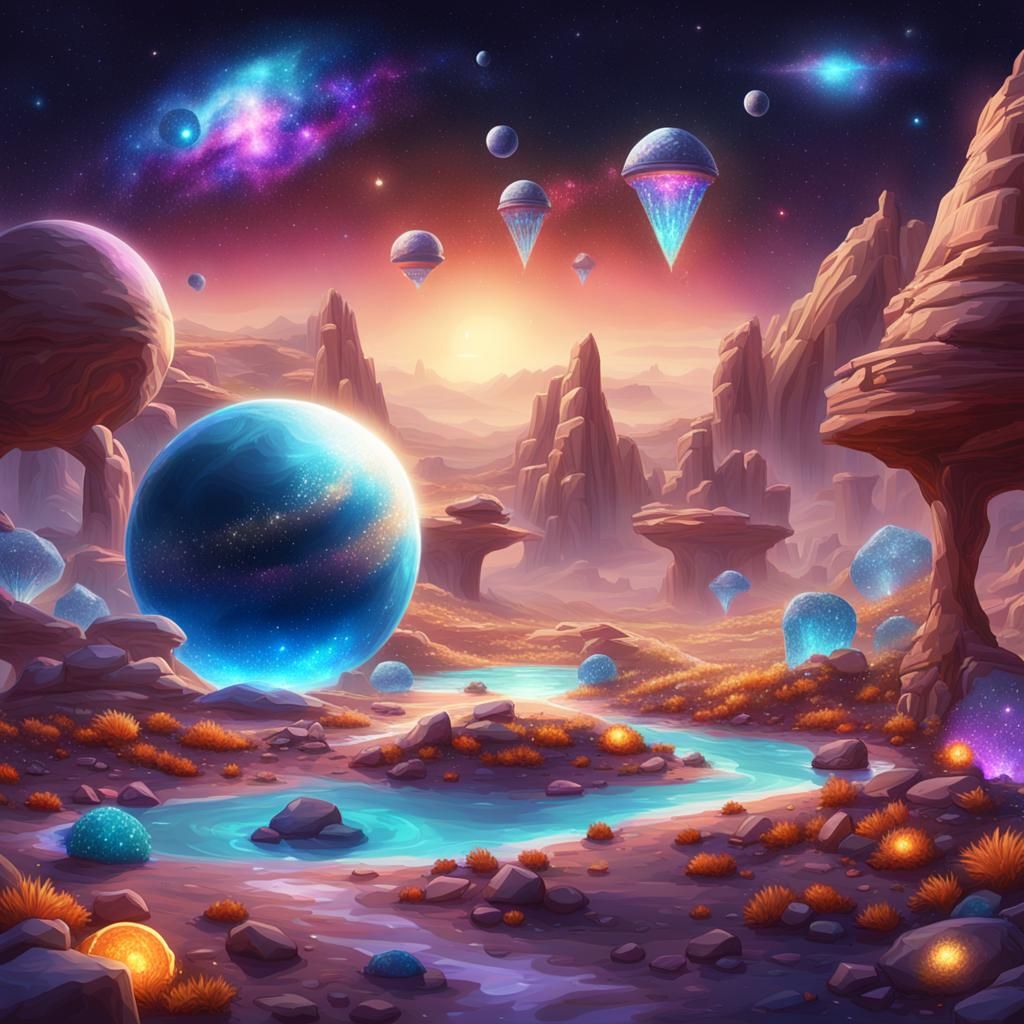 Bejeweled Galactic Oasis Planet with Glimmering Stars