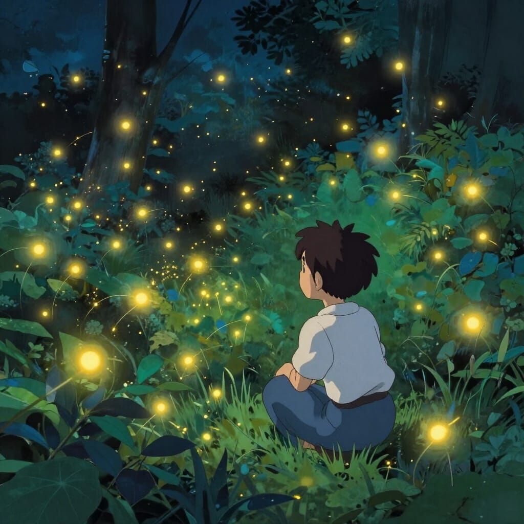 Person Gazing at Fireflies in Moonlit Garden