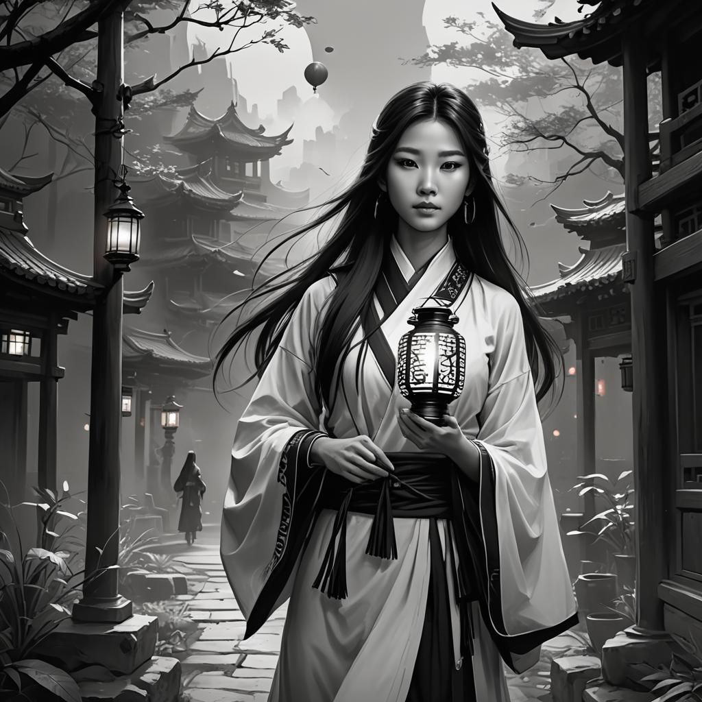 Minimalist Sketch of Girl with Lantern