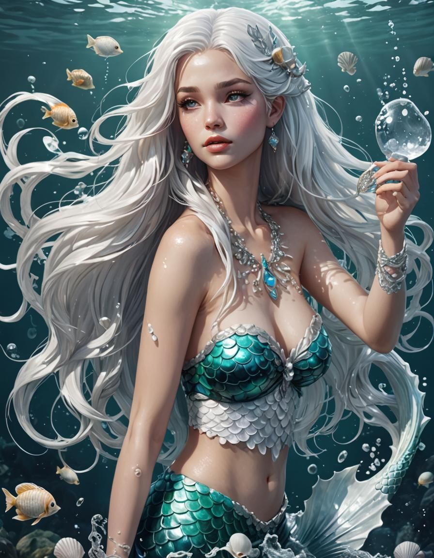 Gorgeous White-Haired Mermaid in Digital Illustration