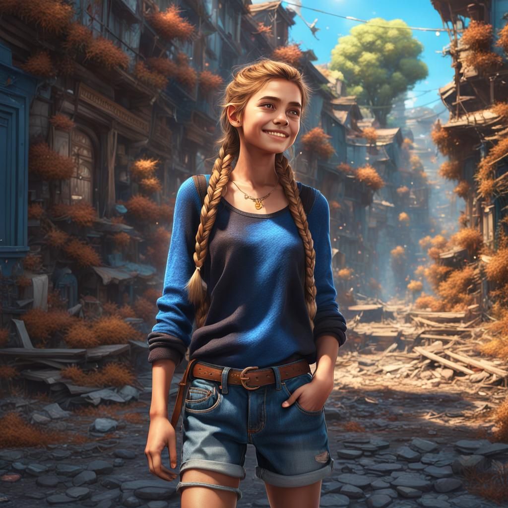 Happy Girl with Messy Braid in Detailed Matte Painting