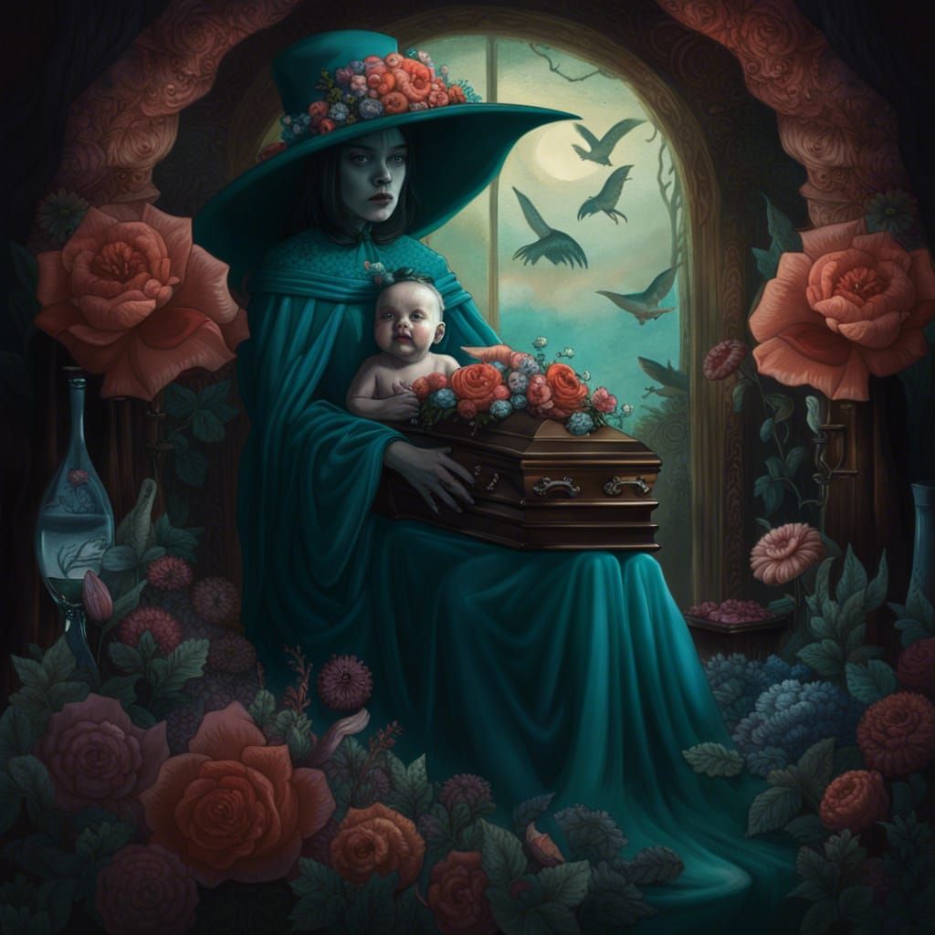 Mourning Woman with Child in Glass Coffin